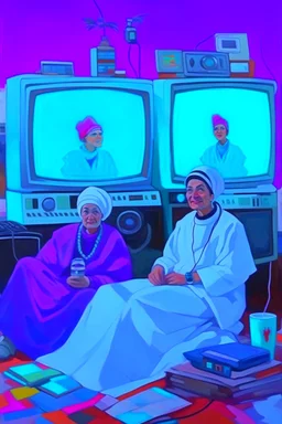 two paintings with two people with tv, in the style of reimagined religious art, quirky sense of humor, 8k, hieratic visionary, photojournalism, distinctive characters, cryptopunk