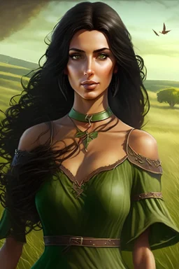 sexy medieval woman, green eyes, tanned skin, dark brown hair, very low plunge dress, huge boobs, field background, realistic