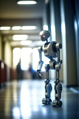 aging robot looking old, walking down hospital corridor with a walker, zeiss prime lens, bokeh like f/0.8, tilt-shift lens 8k, high detail, smooth render, down-light, unreal engine, prize winning