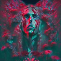 iridescent, Singer Danish MØ face, blood, futuristic, guts, wildflower, cosmic, intricate, darkred tones,sidhe, ominous, nature, plants,