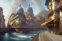 Train+Elevated Train pass+trains+ corner building on sea+riomaggiore+genoa street+turin+Italian medieval town+Italian city+alphonse mucha, greg rutkowski,matte painting, cryengine, hyper detailed, felix kelly, fantasy art, seb mckinnon