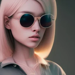 isometric clean art of super cute nerd girl wearing shades, full wet lips, soft lighting, overcast shadows, soft pastel gradients, high definition, 3d icon clay render, blender 3d, studio lighting, god rays, octane render, unreal engine 5