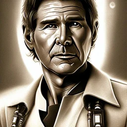 stunning photo realistic detailed head to waist portrait of harrison ford as han solo in star wars with photo realistic short hair, brown eyes,by Cindy Sherman, Sharp focus, weathered skin,space jacket from star wars,