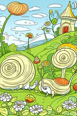 Outline art, snails in the garden, cartoon style, low detail, --ar 9:11