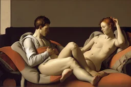 man and woman sit on sofa by Pontormo