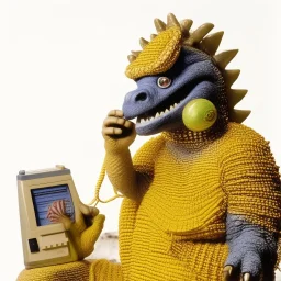 Godzilla as an egypt pharaoh muppet kawaii calling phone using a cellphone nokia, studio photo. Magazine 1980