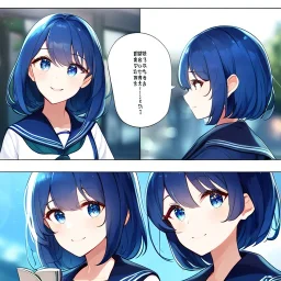 Clear focus,High resolution, Vibrant short blue hair, Vibrant blue eyes, Wearing a sailor uniform, Smiling, Hands, Comic book style