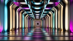a 3D recursive stage structure made of metallic colors, pretty artistic background, dynamic lights