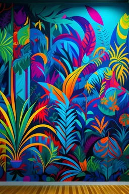 Create a handpainted geometric wall mural with a psychedelic jungle theme. Utilize neon orange, electric lime, deep purple, and tropical turquoise to depict abstract flora and fauna in a vibrant and energetic style. The mural should exude a sense of wild and colorful chaos."