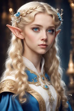 sixteen years old elf girl, blue eyes, blond hair, dressed in aristocratic robes
