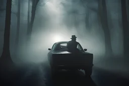 beard guy detective drives in a misty dark forest at night with strange light in the mist, Guillermo del Toro movie still