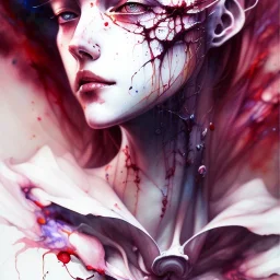  Bones, darkred tones, weird pose, watercolor illustration by <agnes cecile> <Yoji Shinkawa>,