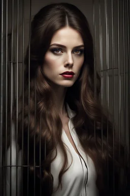 A mesmerizing portrait of a woman with cascading long brown hair that frames her alluring face, which is the central focus amidst the stark and sterile military containment cell that serves as her backdrop. Her striking red eyes hint at an unearthly beauty and a sense of danger that is as captivating as it is intimidating. The contrast of her soft, almost ethereal features against the harsh, institutional surroundings creates a compelling juxtaposition. Her porcelain skin appears to glow under t