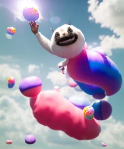 Ultra realistic speed clouds sky scene, wide angle view, sweet women falling down, inflatable color clothing, free jumping flying, many trinkets, hair monster. many jelly beans, balls, color smoke, smile, happy, circus style, extreme, wind, 20,000 feet altitude, stratosphere, soft color, highly detailed, unreal engine 5, ray tracing, RTX, lumen lighting, ultra detail, volumetric lighting, 3d, finely drawn, high definition, high resolution.