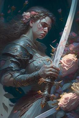 Without a moment's hesitation, Agatha, wielding her sword adorned with carved flowers, seized the opportunity. With a swift and precise movement, she struck beneath the tyrant's shoulder, piercing through his defenses and driving him to his knees.