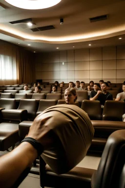 girl with messy bun hitting a punchball. She is boxing. People are sitting around her following the course. She is standing in the middle of the image in the aula. She boxing.