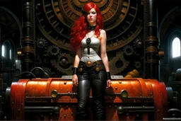 full body and headshot of a skinny young woman, with long straight red hair, standing in a steampunk setting, Frank Franzetta