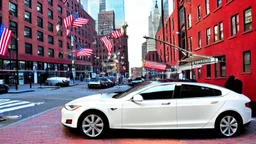 A Tesla's 'Model S Plaid' is parked, on the South Street Seaport, in New York. CINEMATIC. WIDE ANGLE LENS. PHOTO REAL.