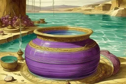 A purple bay with boiling water designed in ancient Egyptian pottery painted by Albrecht Durer