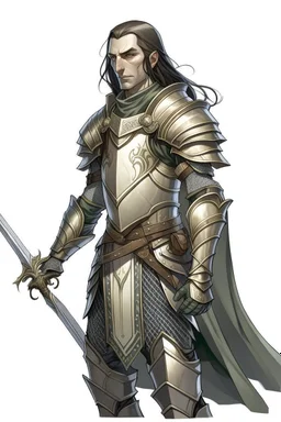 d&d high elf knight male in his thirties wearing medieval armor with hands behind her back