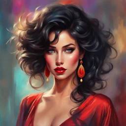 A full body Portrait of a beautiful young woman, slanted, dark eyes with large eyelashes, voluminous wavy black hair, red lipstick, thin strap blouse, colorful, perfect face, shine, realistic, best image quality, oil paint, Light clothes, vivid colors, Thin strap blouse, Art By Jon Bauer,, By cgsociety,standing