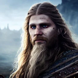 long haired viking, A detailed image of a man, insane facial war paint detail, ambient detail, depth of field, dirty make-up, crystalized complimentary colors, warrior, atmospheric, realistic, unreal engine, lighting, octane render, proportional, national geographic haze,