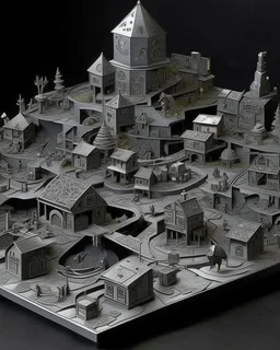 A gray mechanical village made out of steel designed in native American petroglyphs painted by MC Escher