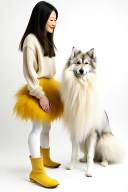 Giant white dog in a feather dress, next to a girl in a yellow sweater, a gray skirt, white stockings and black shoes, both facing the front in the photo. white background, 16K, real photography, portrait.