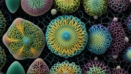 Exotic microscopic organisms, coloured, perfect geometric designs, amazing detail, beautiful composition, award-winning photograph, astonishing realism, 28mm lens, adjust perspective