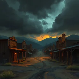 a small wild west town with gloomy skies fantasy art