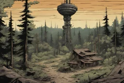day, radio tower, background, comic book, forest, post-apocalypse
