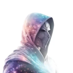 hooded knight covered with glowing crystals, nebula particles in air, in space, galaxy in background, bright colors, glowing sparkle particles, dark tone, sharp focus, high contrast, 8k, incredible depth, depth of field, dramatic lighting, beautifully intricate details, clean environment, epic dynamic scene