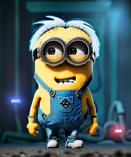 Minion toddler, cyberpunk, full body, white hair, floral shirt, dramatic lighting, hyper realistic