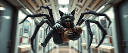 gritty air brush 3d with pen outline, vampire space loab spider panther cat holding a human in its grip, pin hole cam in doll house space ship hospital corridor, in the style of HR GIGER, ESCHER, motion blur background