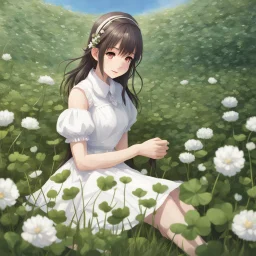 a girl in a white dress sitting in a field of clovers, cute anime girl portrait, beautiful anime portrait, realistic anime art style, realistic cute girl painting, portrait anime girl, smooth anime cg art, detailed portrait of anime girl, portrait of girl in flower field, realistic anime style at pixiv, cute anime waifu in a nice dress, realistic anime artstyle