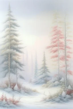 magic Fir trees, flowers, beautiful landscape, delicate tones, translucent, snow white, clear lines, high-quality drawing, beautiful landscape, clear drawing of details, realistic, high quality, hazy haze, hyperrealism, delicate pastel tones, fabulous, highlights, high-quality detail, watercolor, snowy