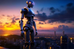 Humanoid-looking robot, standing and looking out over an alien town skyline at dusk