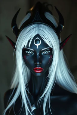 Beautiful female drow, with White hair, with black highlights, gray eyes, silver freakles, black skin and moon in the forehead. Reddish lips