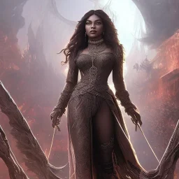 fantasy setting, insanely detailed, dark-skinned woman, indian, black wavy hair, magician, warrior