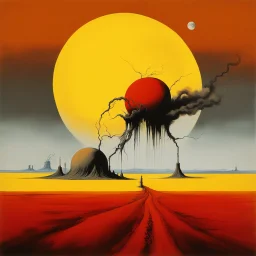 High concept art, dramatic unreal landscape, by Gerald Scarfe, large moon on horizon, smoke plumes in distance, dynamic composition, oddball masterpiece, sfumato, complex contrast