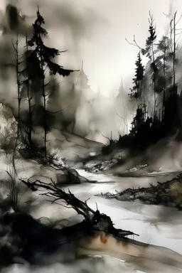The point of no return; ink wash with pale pastel accents