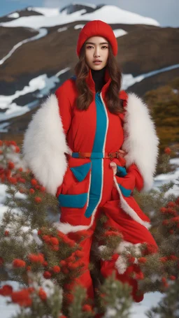 Turkish Supermodel, 20yo, tight red polar clothes, tall woman, beauty. Background: Antarctica Landscape Influences: Japanese Influenced Colourful Gardens, Joyful Celebration of Nature Emphasisers: BlueCore, PolarCore Camera: Shot on a Hasselblad medium format camera. Carl Zeiss Distagon t* 15 mm f/ 2. 8 ze, Ricoh r1. --ar 3:2 --q 2 --v 5. 1 --style raw