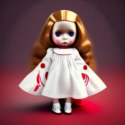 A girl's doll wearing a white dress with red blood bleeding from the back