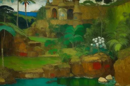 A rocky castle with beautiful crystals and gems painted by Paul Gauguin