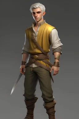 Full body image. 20 Year old Australian male. Tan skin. Short white hair. Short stubble beard. Loose fitting clothing. Medieval Era. Golden bracers on their wrists.