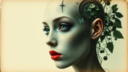 old retro photograph, light vignette, faded, worn and cracked, double exposure, surrealism, female humanoid from another world, red lips, half body, greenish blue pale transparent glowing skin, bald head, plants growing out of head, tattoo on head, alien transparent eyes, double exposure, hyperdetail, double exposure, Anna Razumovskaya, Anna Dittmann, Luis Royo, Neo-impressionism, expressionism, oil painting. Bold, detailed and textured brushstrokes reminiscent of Royo and Peter Coulson. Deep co