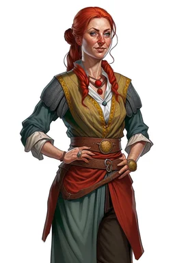 d&d human female forty years old with red hair wearing medieval clothes with hands behind his back