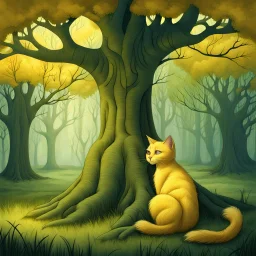 Drawing of a yellow cat sitting in front of a tree, the background is green, storybook illustration by Gediminas Pranckevicius, featured on deviantart, gothic art, magical fairy tale atmosphere, storybook illustration, dark and mysterious