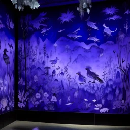 A violet outer space with alien birds designed in Javanese shadow puppets painted by Francis Danby
