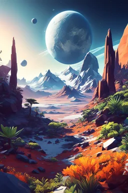 (((close midshot))), (((low poly art:2))), (astronaut), ultra-detailed illustration of an environment on a dangerous:1.2 exotic planet with plants and wild (animals:1.5), (vast open world), astroneer inspired, highest quality, no lines, no outlines candid photography. by Lekrot